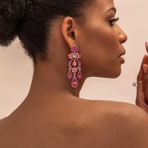 Yellow Gold with Raspberry Pink Austrian Crystal Flower Vase Chandelier Earrings - Picture 4 of 6